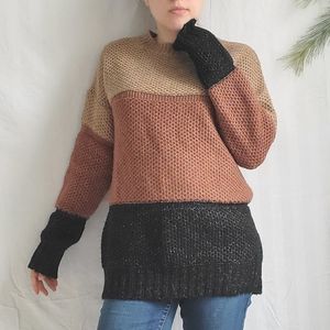 Color Block Sweater Crew Neck Medium Black Brown